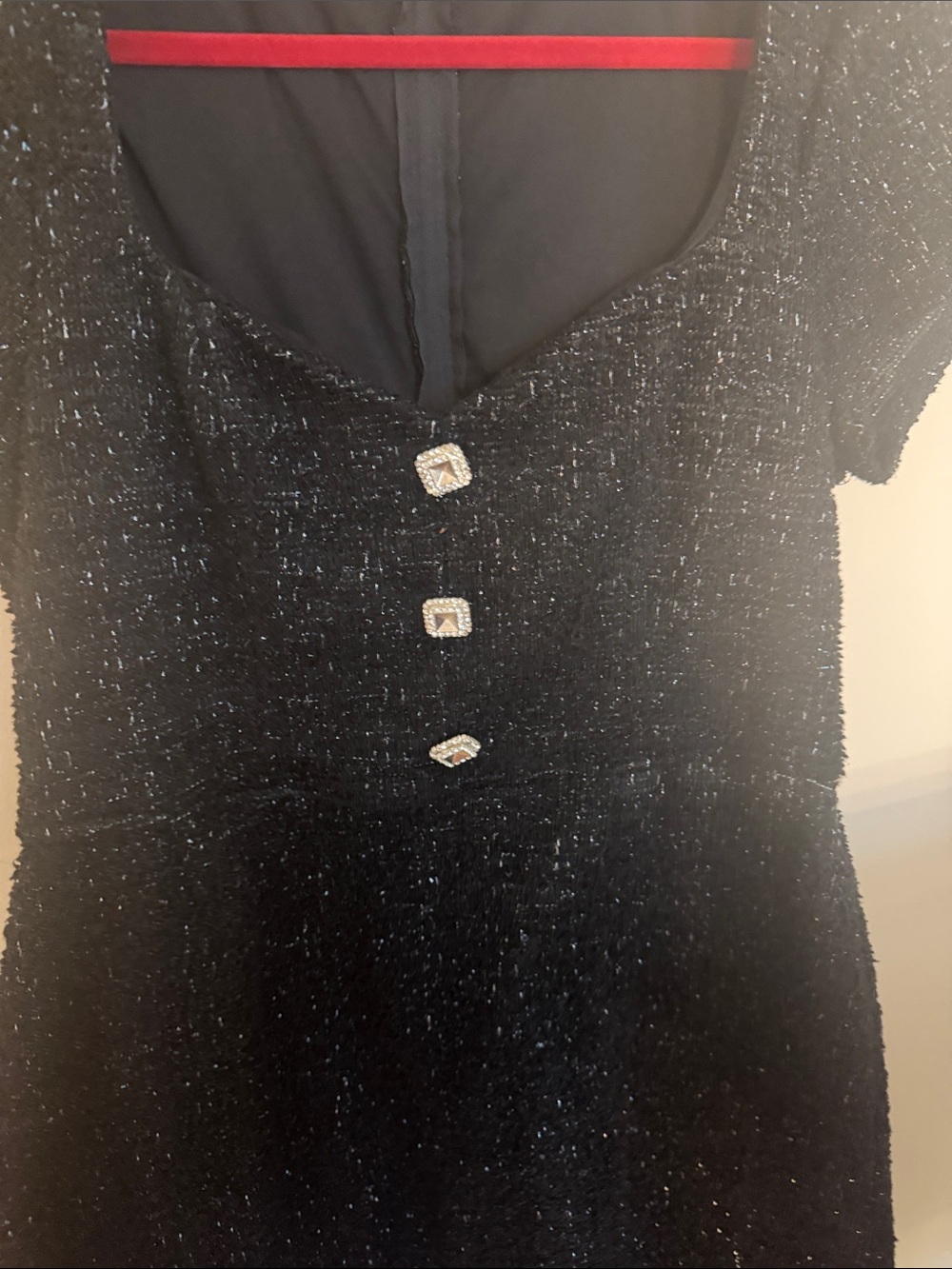 Black Sparkling Short Sleeve Dress with Crystal Buttons